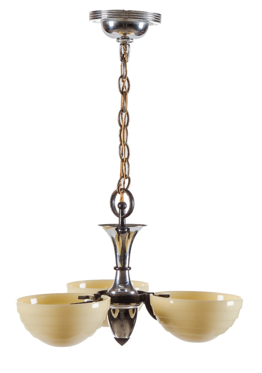 hard to find all original chrome-plated c. 1920's american art deco three-light theater ceiling fixture with "beehive" custard shades