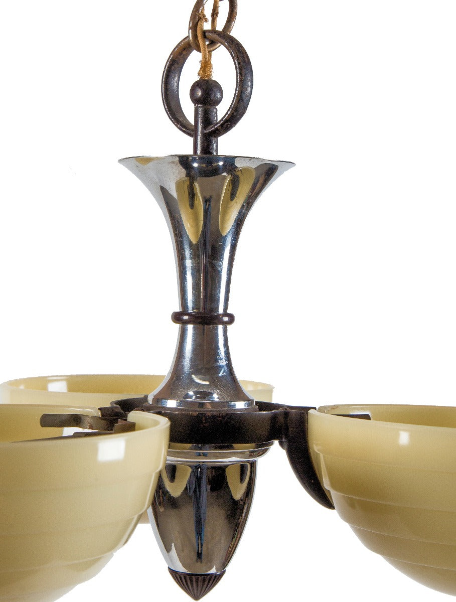 hard to find all original chrome-plated c. 1920's american art deco three-light theater ceiling fixture with "beehive" custard shades