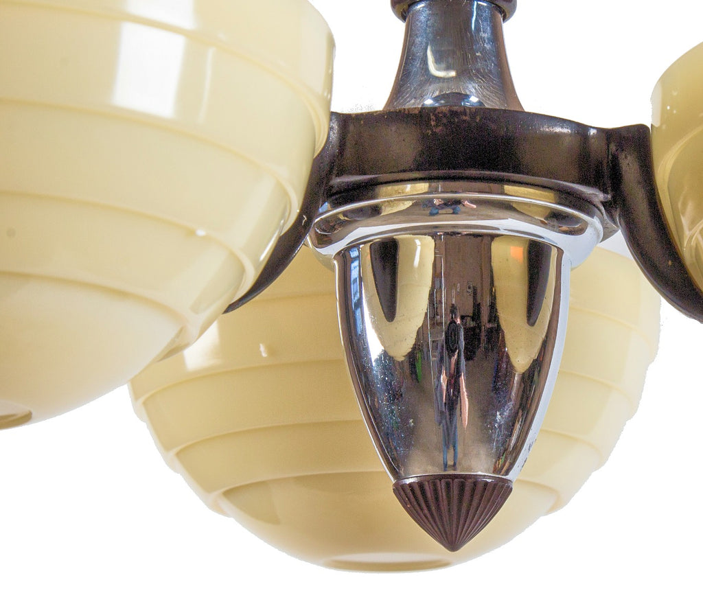 hard to find all original chrome-plated c. 1920's american art deco three-light theater ceiling fixture with "beehive" custard shades
