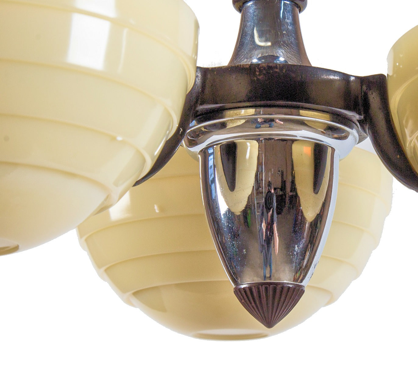 hard to find all original chrome-plated c. 1920's american art deco three-light theater ceiling fixture with "beehive" custard shades