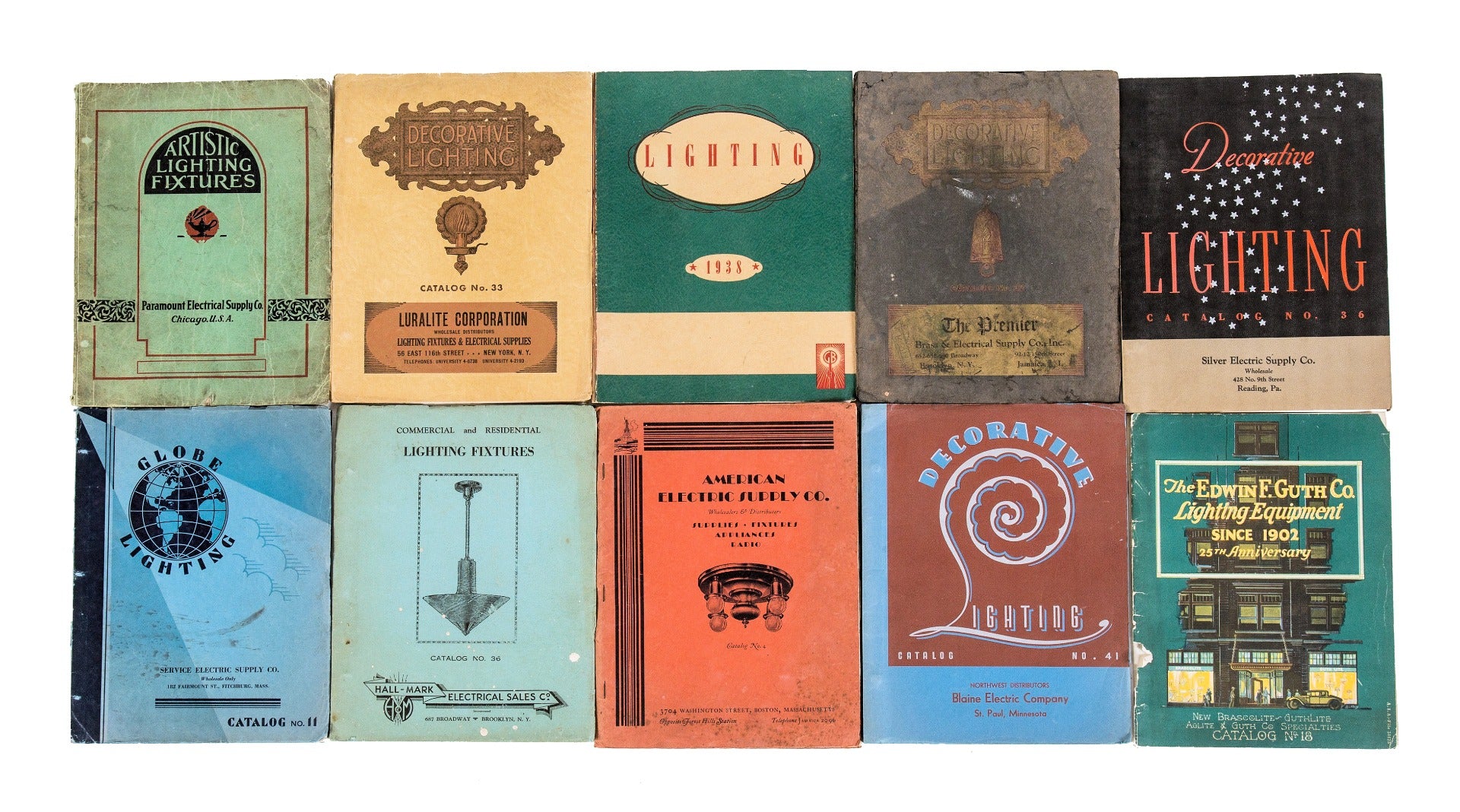 group of ten hard to find original depression-era profusely illustrated residential and commercial light fixture trade catalogs