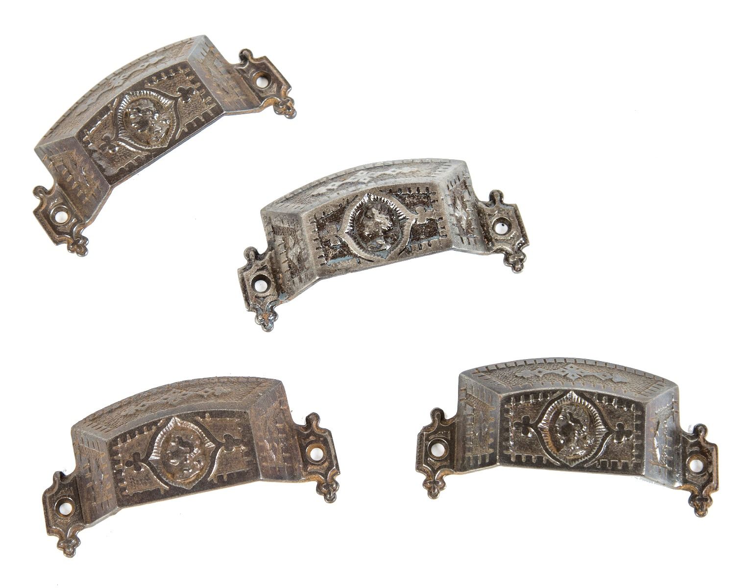lot of four matching antique american ornamental cast iron salvaged chicago figural residential drawer pulls