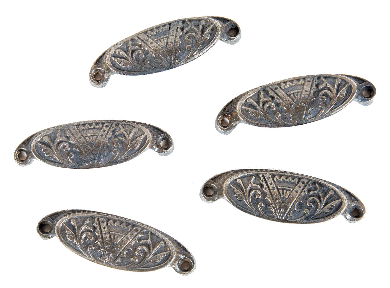 group of five matching original "oriental" pattern 19th century cast iron salvaged chicago eastlake style drawer pulls