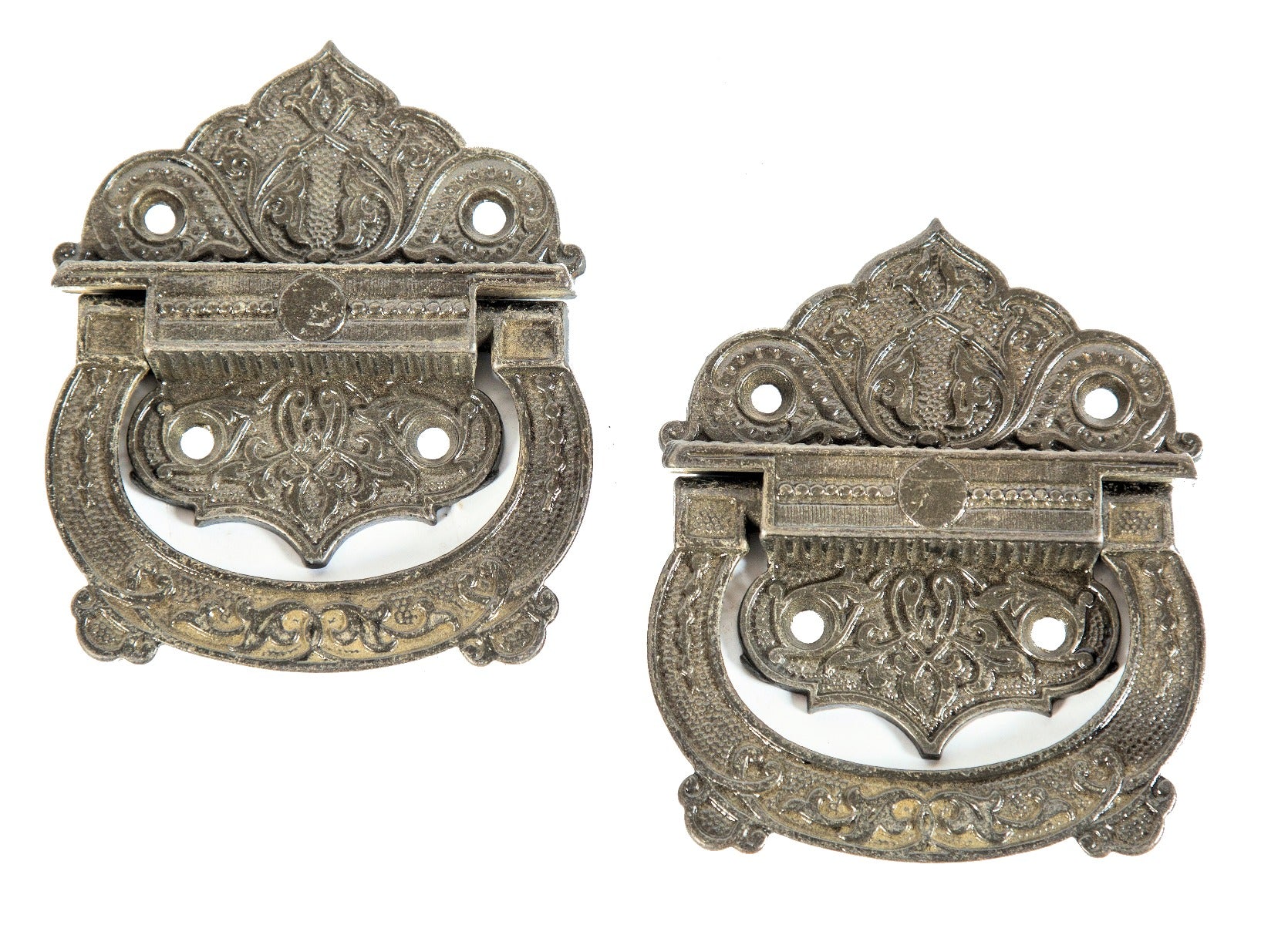 pair of 19th century antique american victorian era ornamental cast iron steam truck two-piece pulls with drop handles