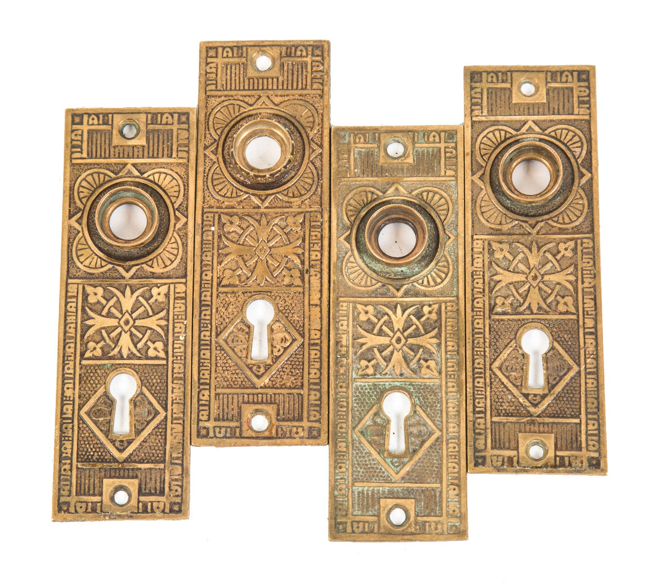 lot of four matching 1880s eastlake style cast brass sargent passage door backplates with nicely aged patina