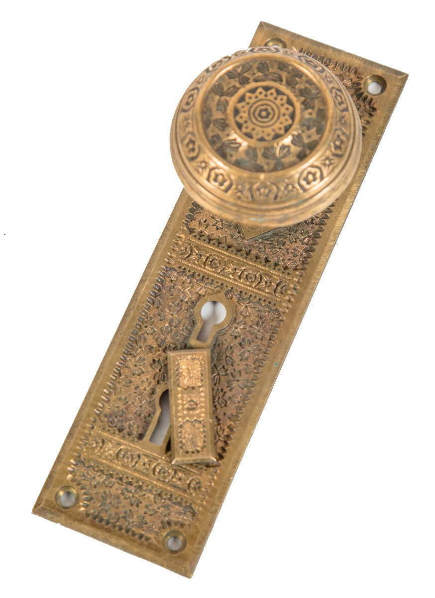 19th century original salvaged chicago american eastlake style "ivy" pattern cast bronze entrance doorknob and matching backplate