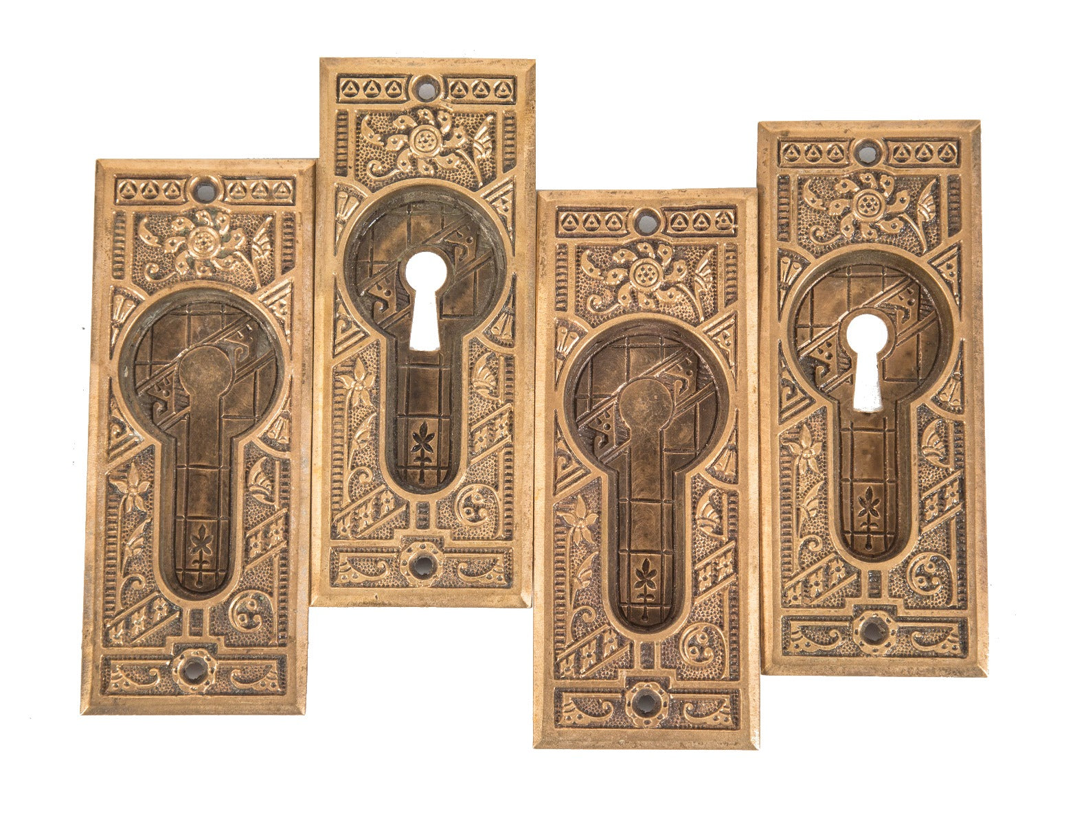 matching lot of four original salvaged chicago 1880's heavy cast brass "ceylon" pattern residential pocket door plates