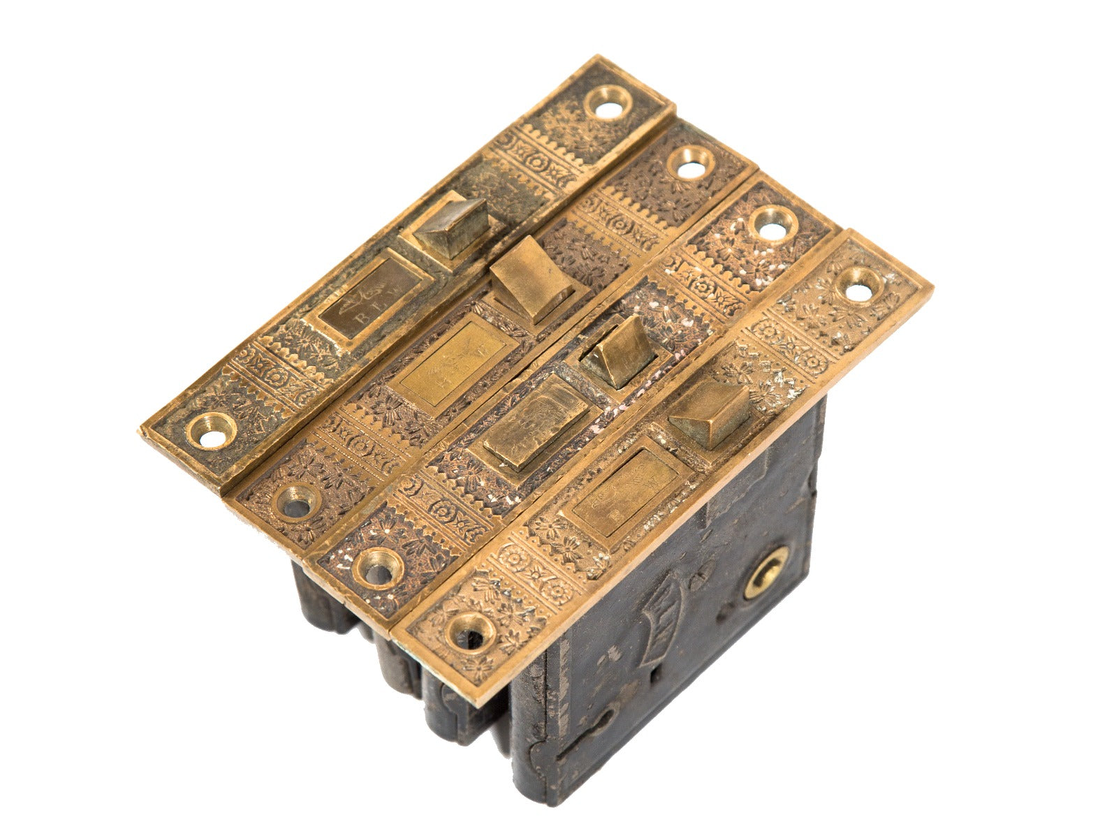 group of four matching hard to find 1880's antique american salvaged chicago "ivy" pattern mortise locks