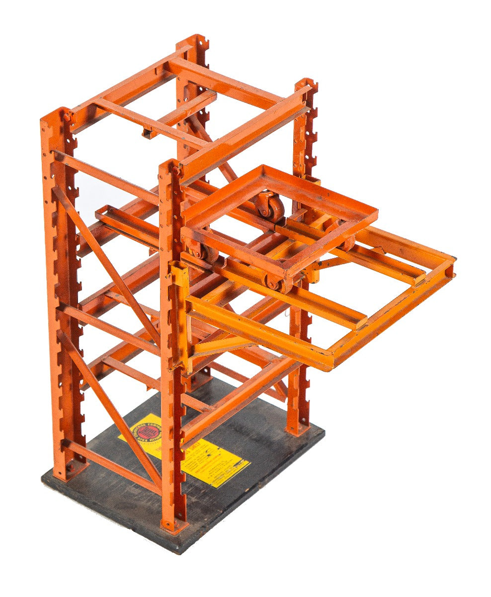 unique and unusual all original and intact c. 1940's or 1950's "boltless shelf" pallet rack system with intact bright orange enameled finish