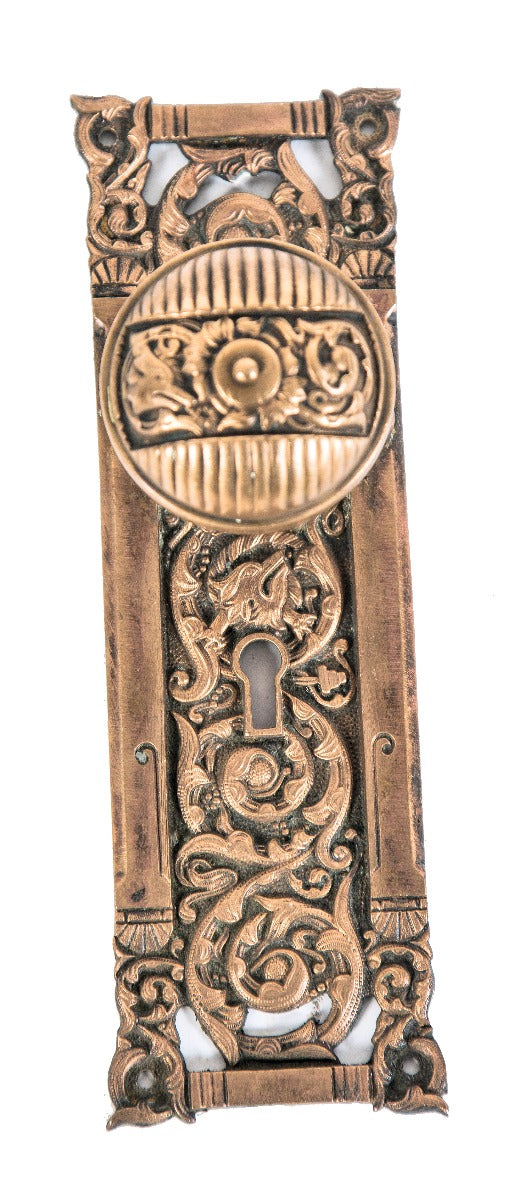 highly sought after 19th century art nouveau pattern "columbian" pattern doorknob and matching backplate