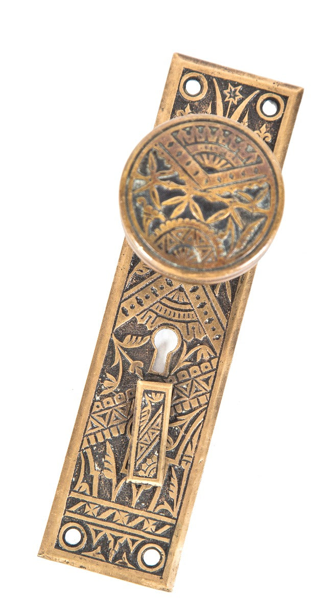 hard to find original 19th century ornamental cast brass "bamboo" pattern eastlake style entrance door hardware