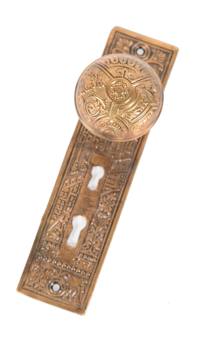 original 1890s american eastlake style ornament brass "ceylon" pattern p.f. corbin entrance door backplate and handle