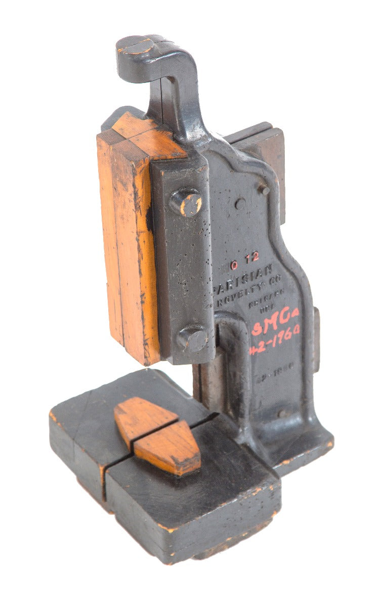 rare early 20th century parisian novelty company punch press machine wood pattern with intact polychrome finish
