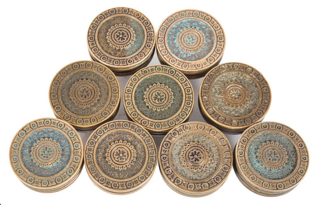 group of nine matching original 1880's salvaged minneapolis mansion interior passage door "ivy" handles