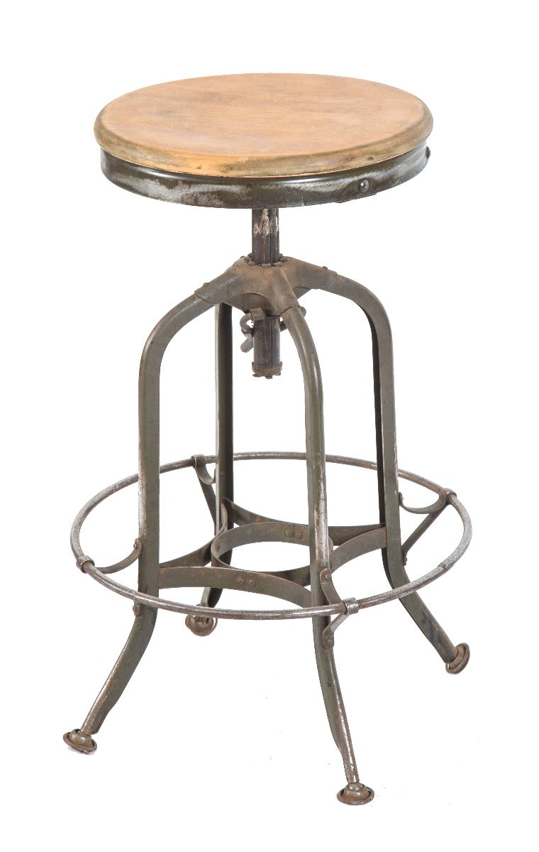 fully functional antique american industrial "uhl art steel" adjustable height factory machine shop stool with maple wood seat