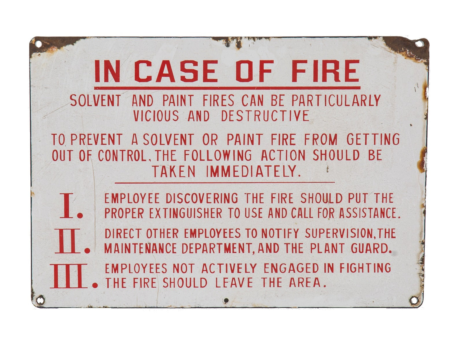 rare early 20th century white and red porcelain enameled cold-rolled steel general electric factory fire prevention sign