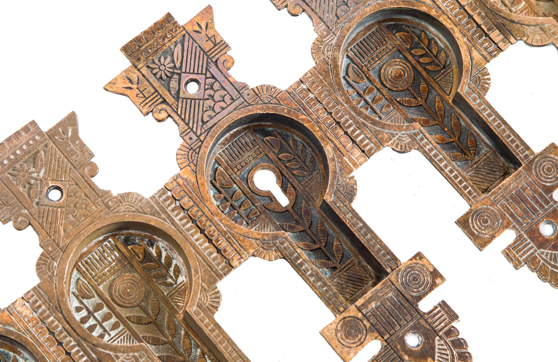 group of highly sought after original 1880's salvaged chicago interior residential eastlake style pocket door backplates