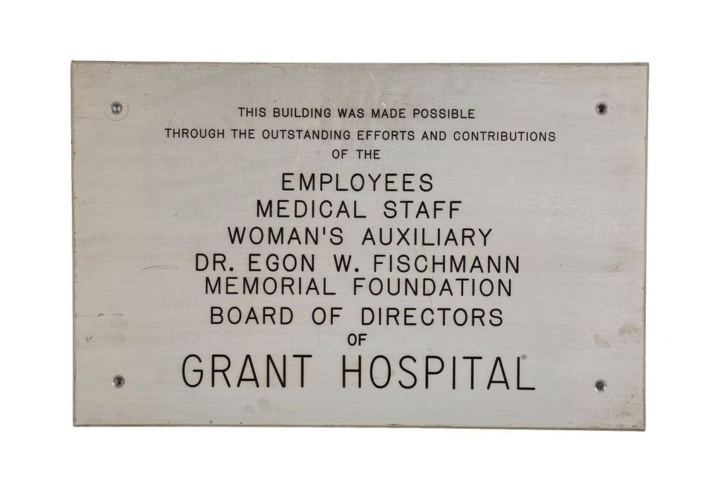 museum quality late 1950's reinforced cast aluminum wall-mount grant hospital interior lobby oversized dedication plaque with incised lettering