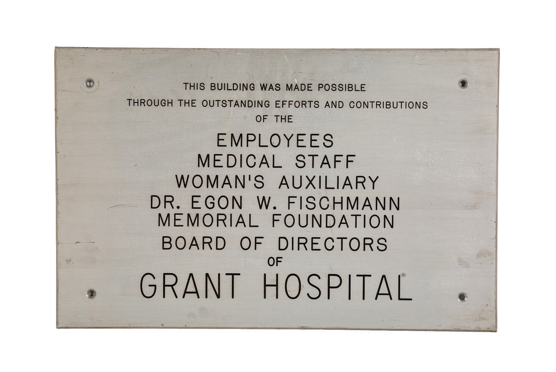 museum quality late 1950's reinforced cast aluminum wall-mount grant hospital interior lobby oversized dedication plaque with incised lettering