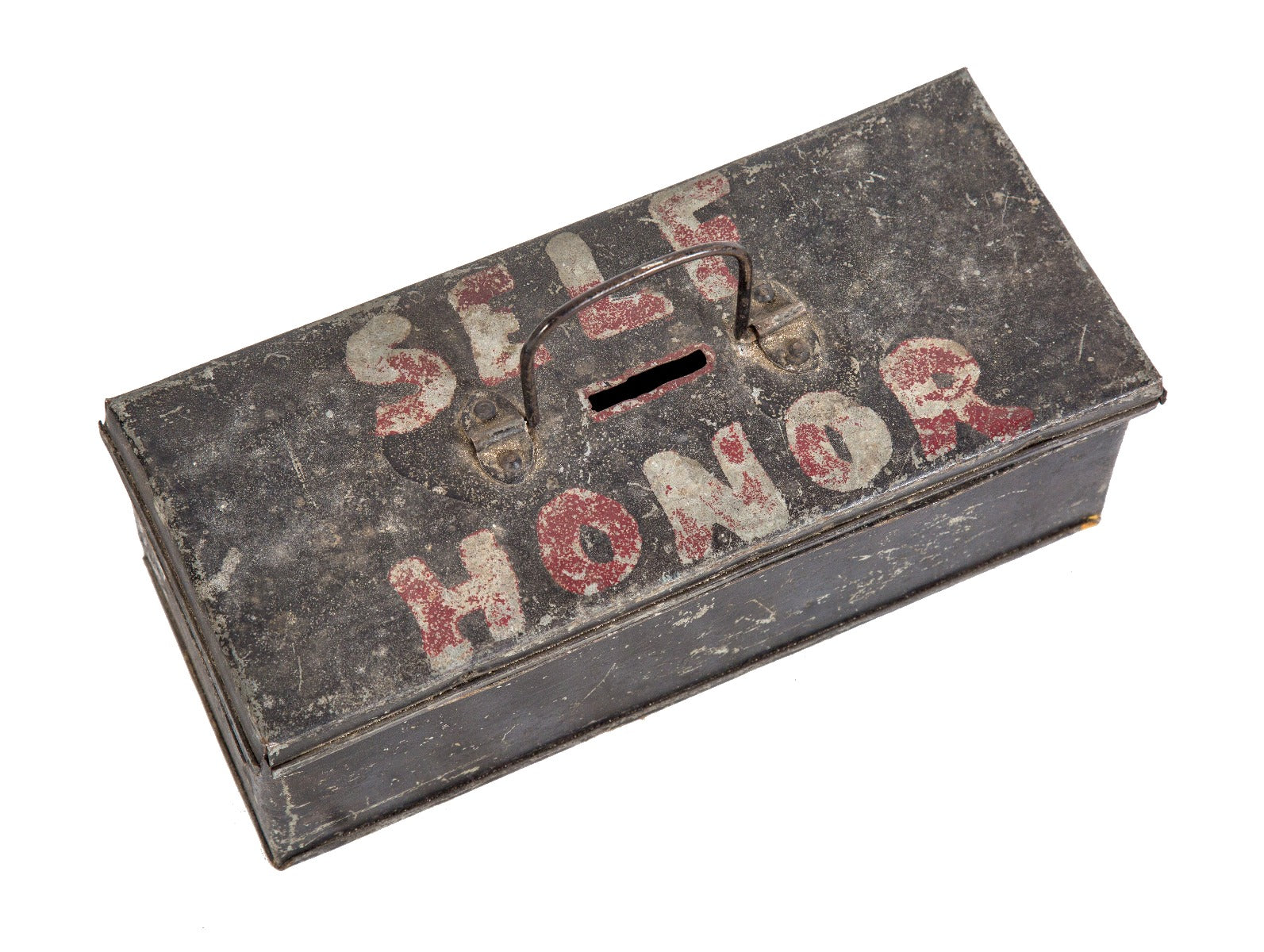 original hand-made early 20th century new york city produce market "self honor" american folk art change box with drop handle