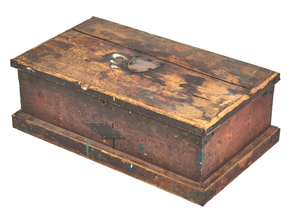 nicely weathered reinforced painted pine wood civil war-era carpenter's tool chest with riveted strap hinges and distinctive exterior metal plaques