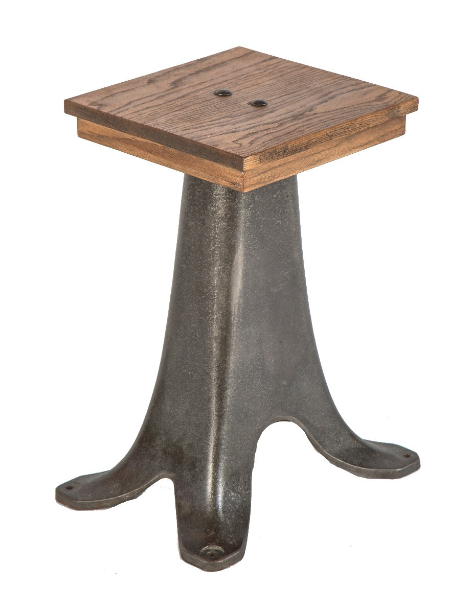 repurposed diminutive low-lying vintage american industrial four-legged cast iron base or stand with oak wood top