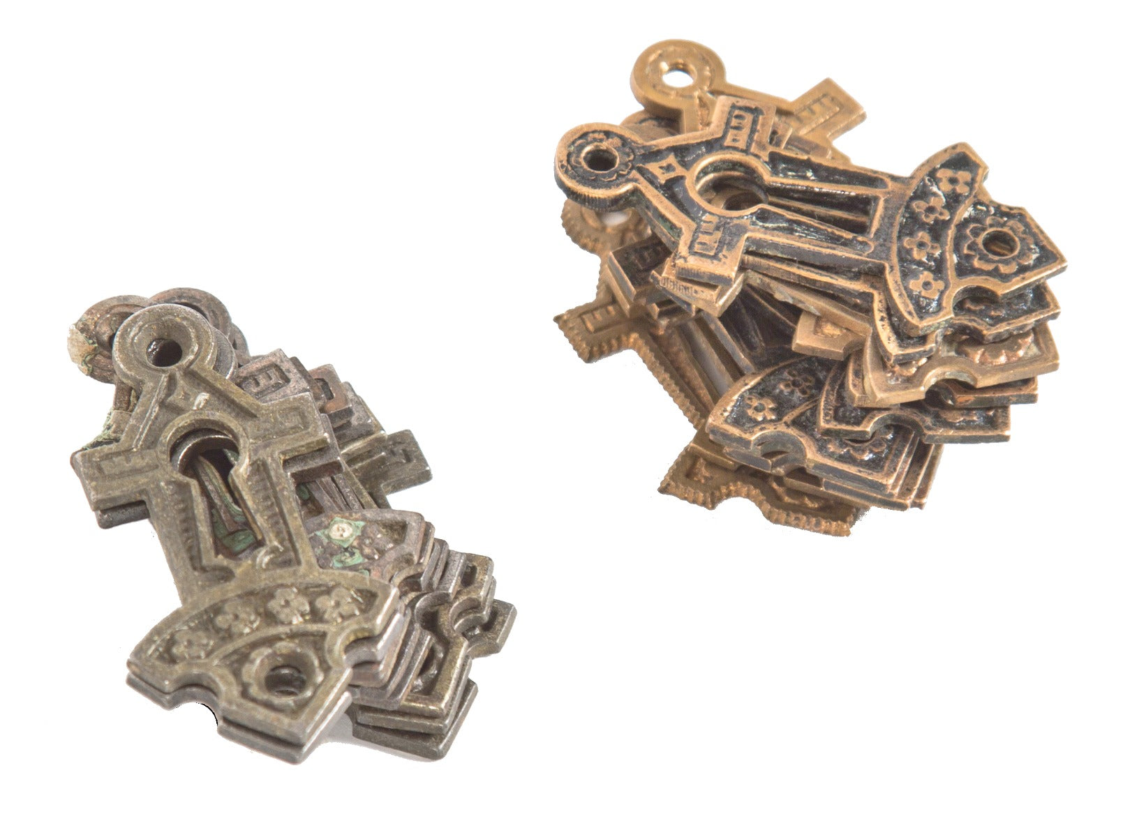 large lot of 19th century antique american ornamental cast brass and iron passage door keyhole escutcheons