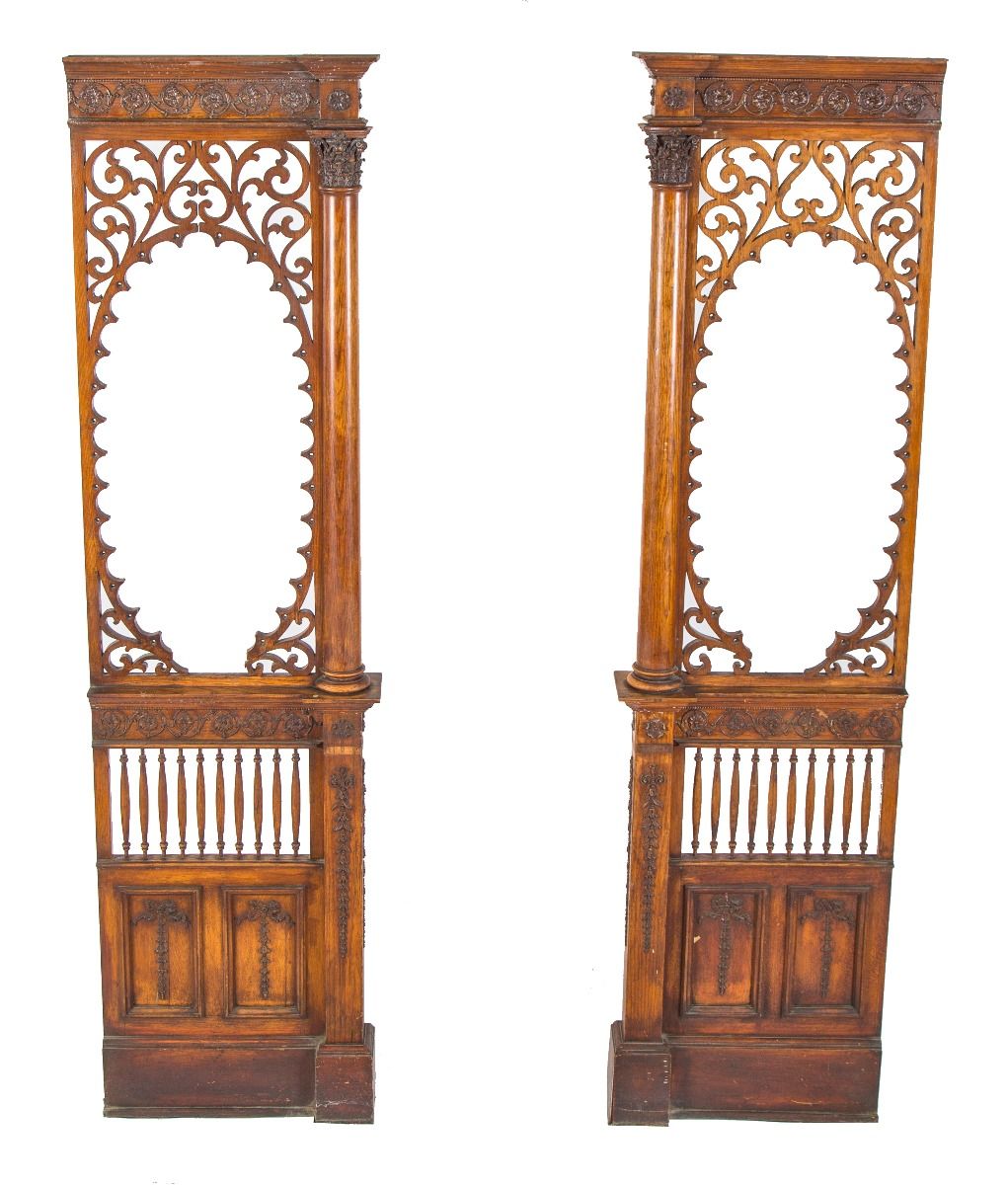 exceptional set of original 19th century salvaged chicago gold coast mansion "bertelsen" oak wood room divider