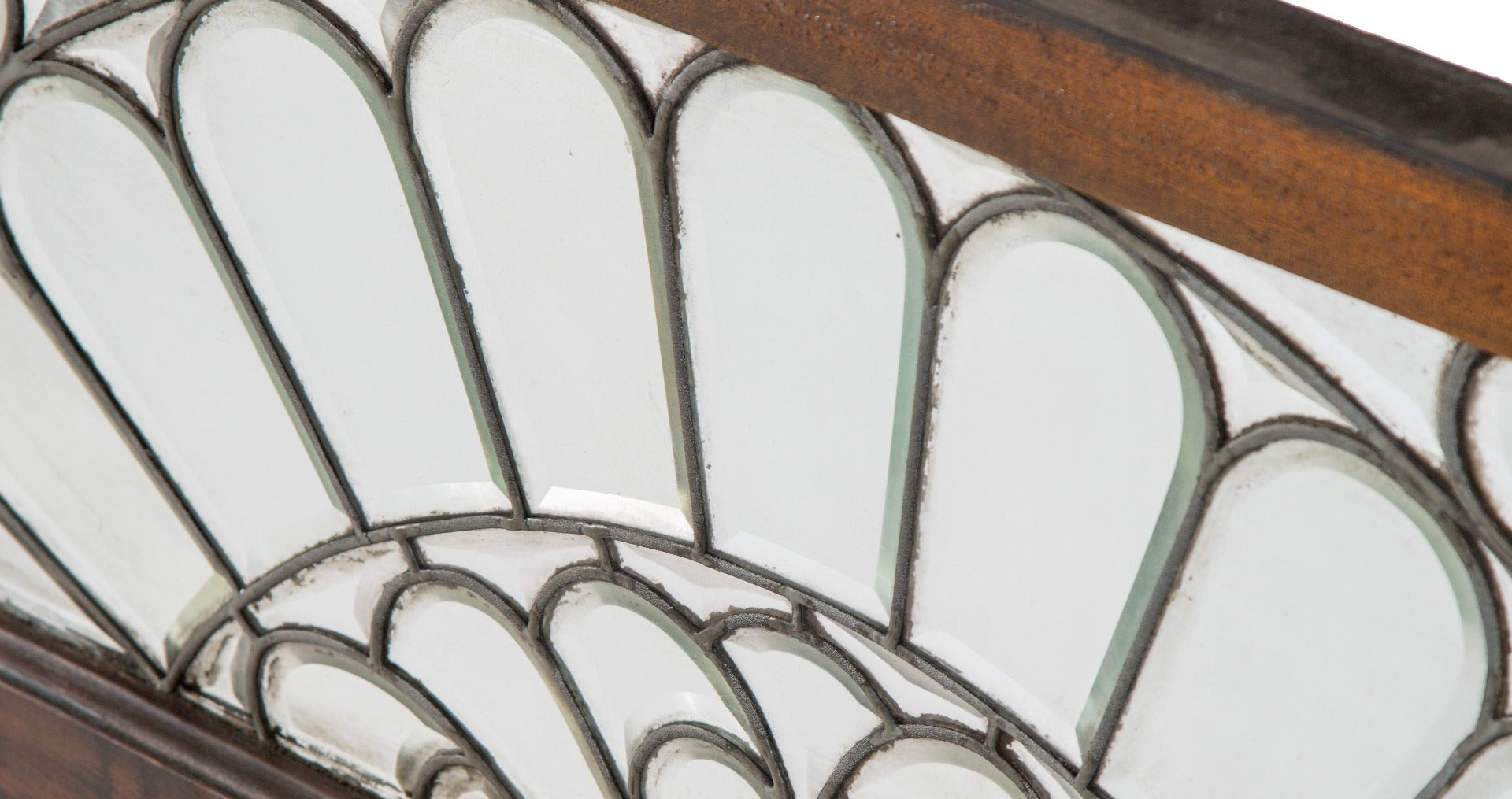 one of two matching antique american victorian era 19th century beveled edge leaded glass window with intact oak wood sash frames