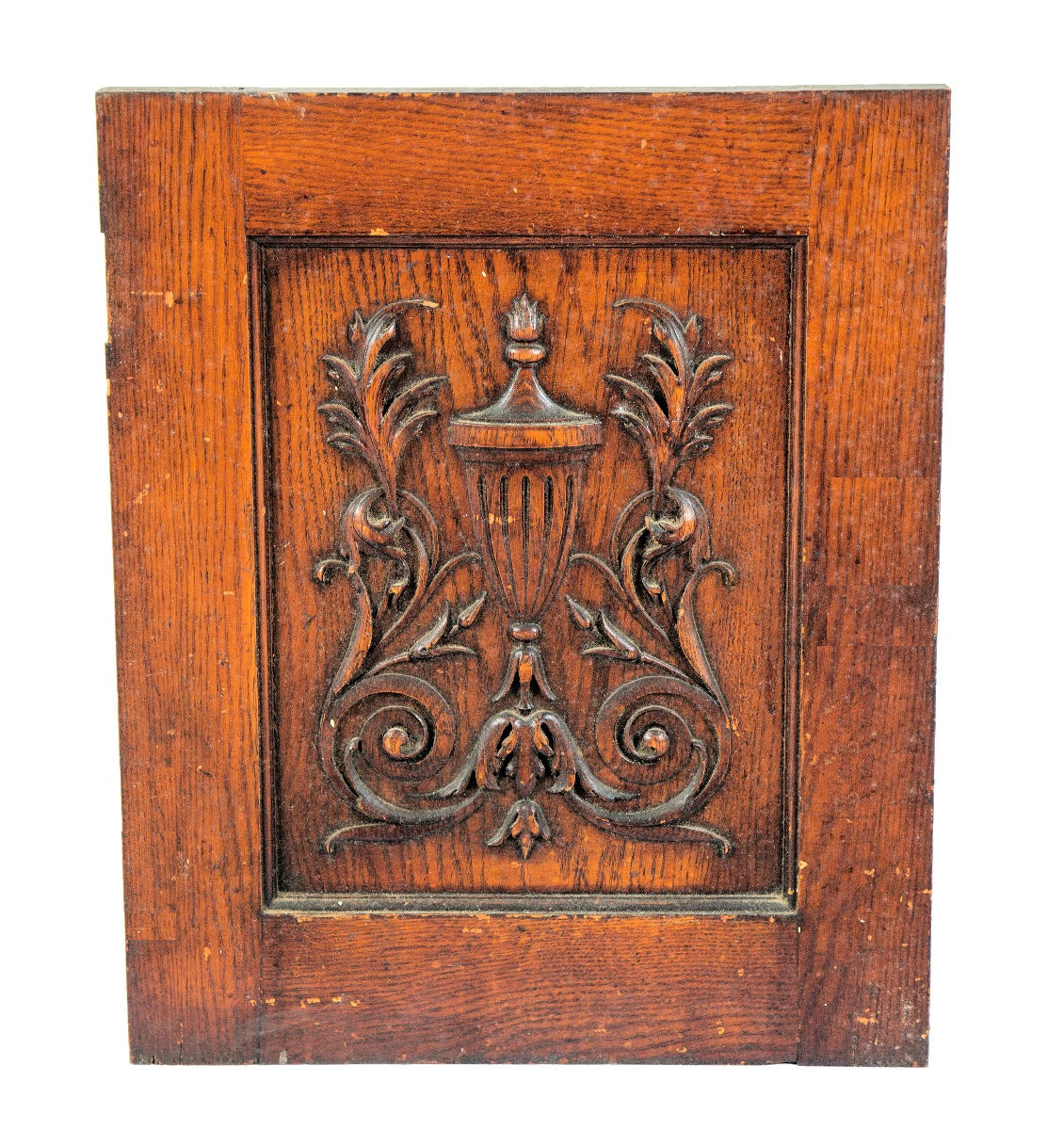 seldom seen all original late 19th century antique american carved oak wood cabinet door with foliated scrollwork