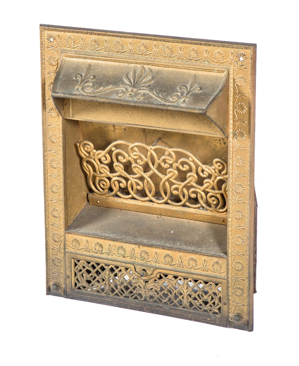 original 19th century salvaged chicago ornamental cast iron interior residential fireplace gas insert with old gold finish
