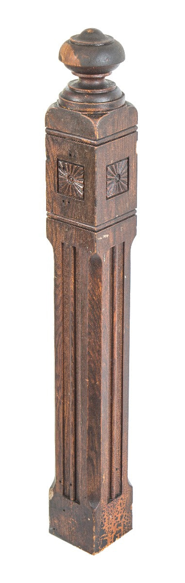 single 19th century all original salvaged chicago varnished oak wood interior residential newel posted with chamfered edges