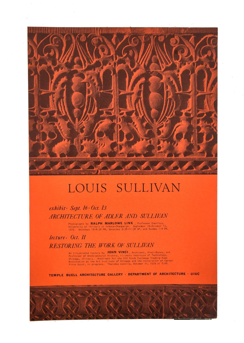 original 1979 uiuc single-sided ralph marlow line and john vinci lecture poster on louis h. sullivan
