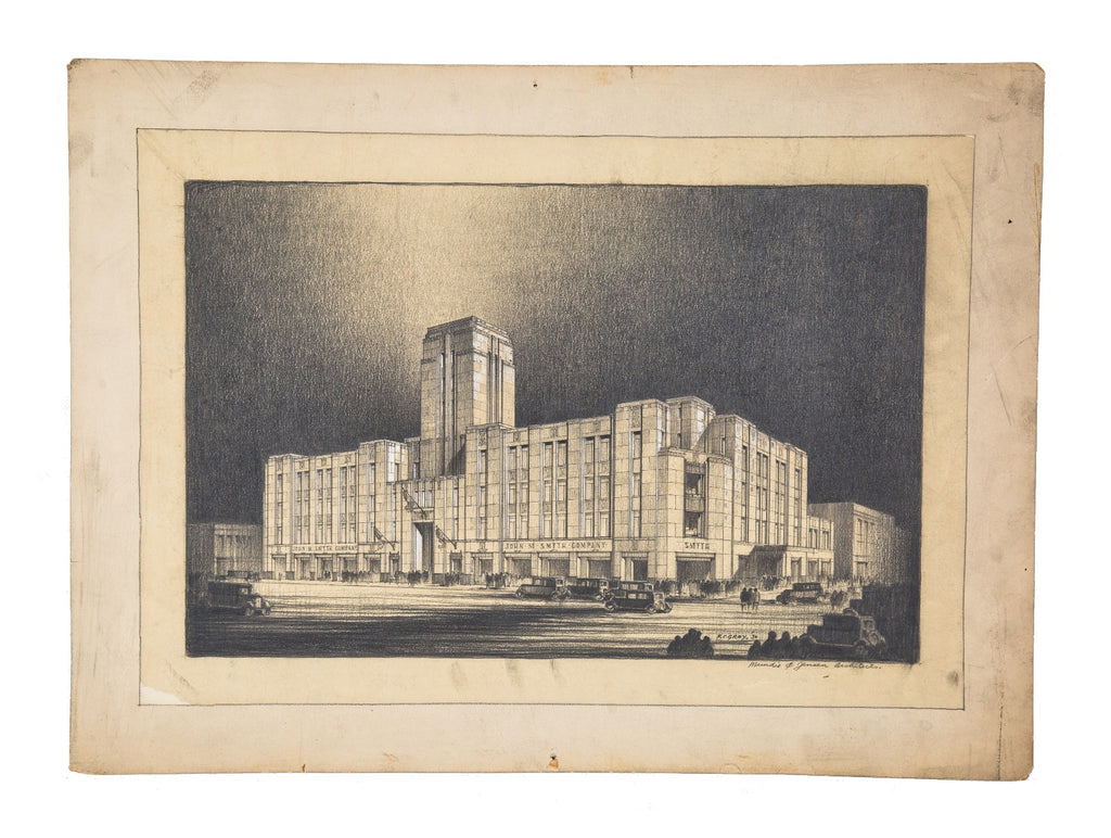 two historically important museum-quality mundie and jensen hand-drawn presentation drawings for john m. smyth company building