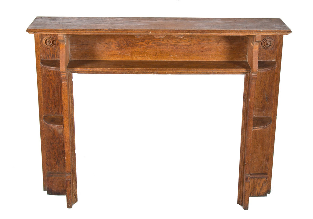 heavy solid oak wood 19th century antique american salvaged chicago residential fireplace mantel with opposed shelves