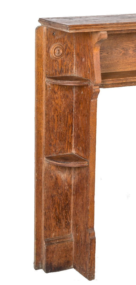 heavy solid oak wood 19th century antique american salvaged chicago residential fireplace mantel with opposed shelves