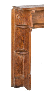 heavy solid oak wood 19th century antique american salvaged chicago residential fireplace mantel with opposed shelves