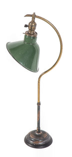 fully adjustable early 20th century antique american "c-arm" faries desk or table lamp with green porcelain enameled shade