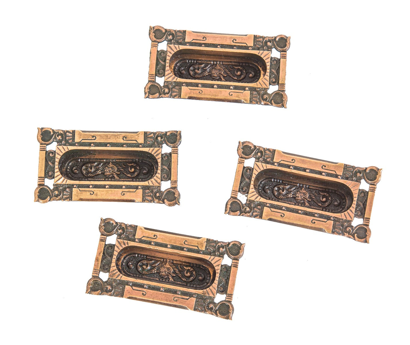 group of four matching hard to find original 19th century cast bronze "columbian" pattern interior residential window sash pulls