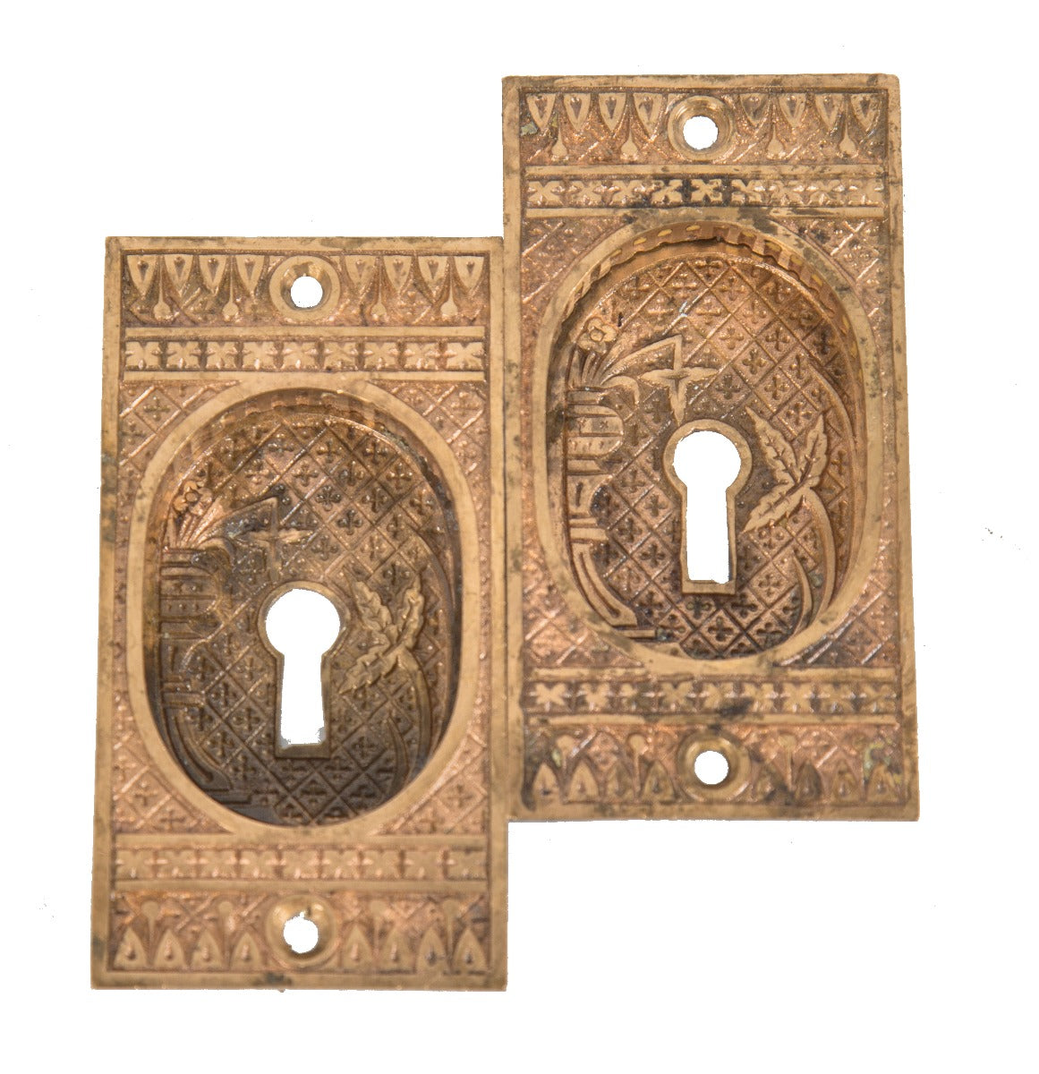 matching set of original 19th century cast brass "broken leaf" pattern salvaged chicago pocket door plates