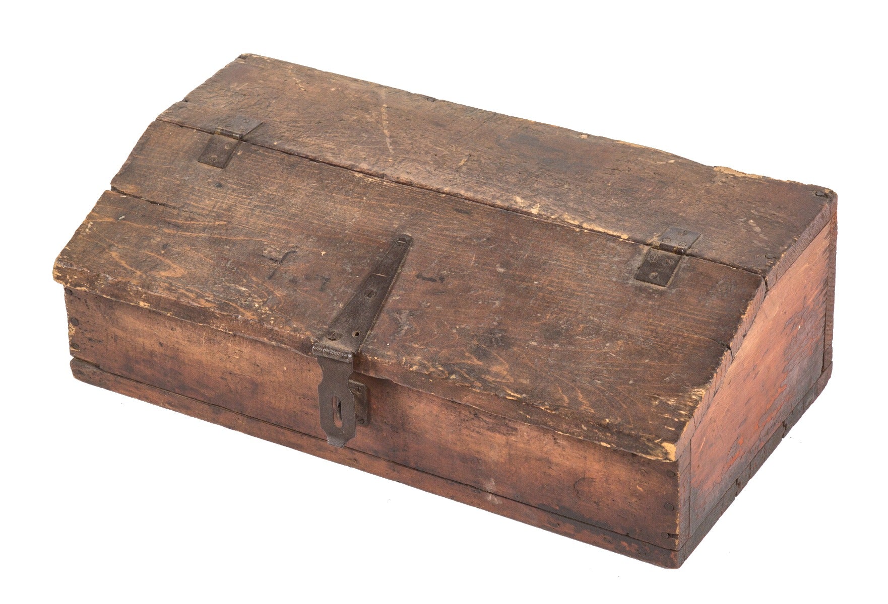 nicely worn and weathered red painted pine wood angled top hinged door cabinet or chest with lockable hasp