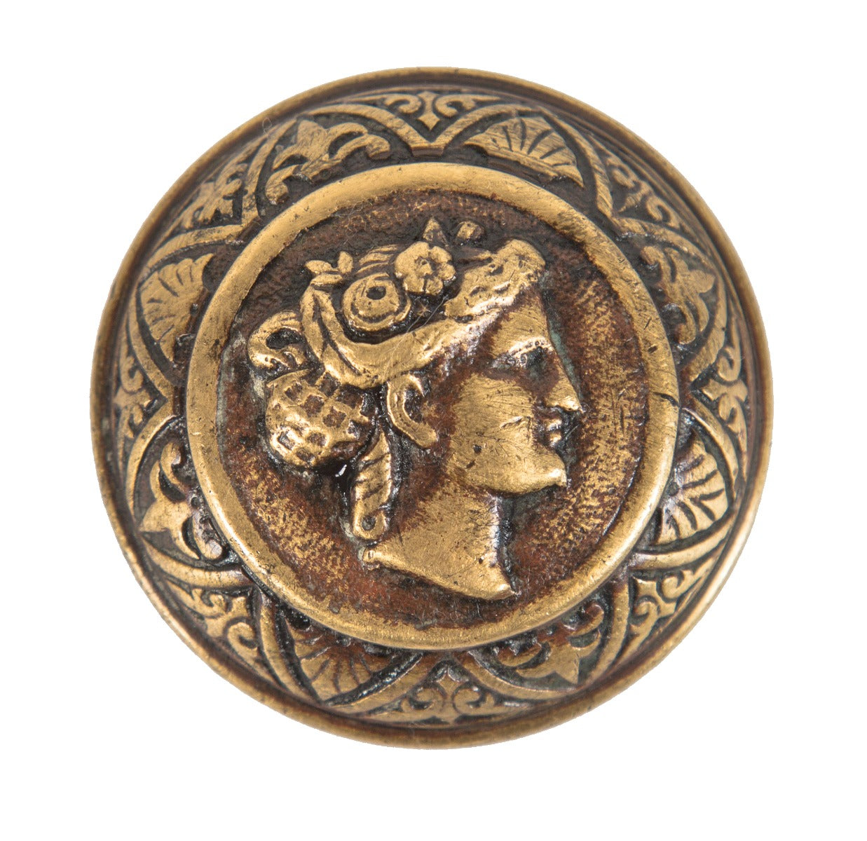 original c. 1870's heavy cast bronze "goddess diana" residential banded rim figural doorknob with age appropriate surface patina