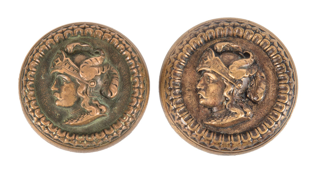 highly sought after salvaged chicago 1870s antique american figural "plumed helmet" entrance door knobset