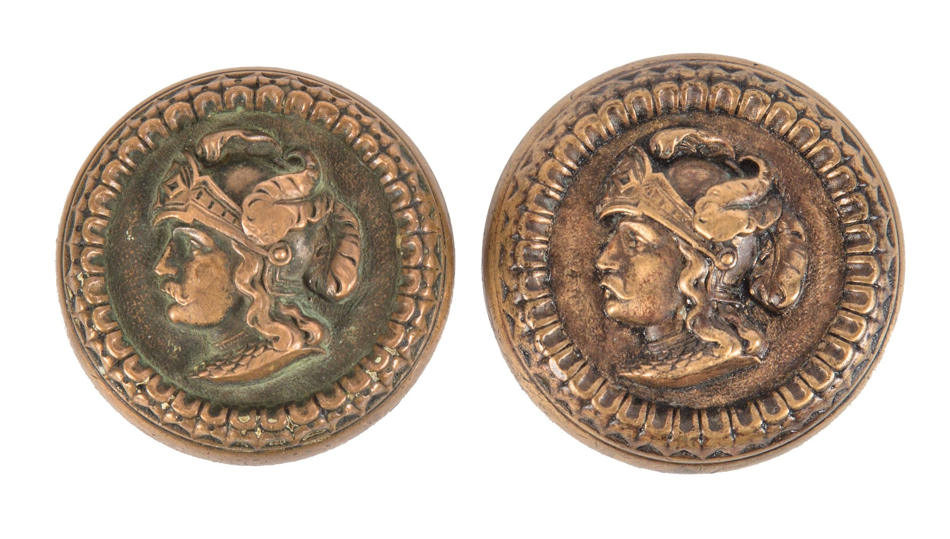 highly sought after salvaged chicago 1870s antique american figural "plumed helmet" entrance door knobset