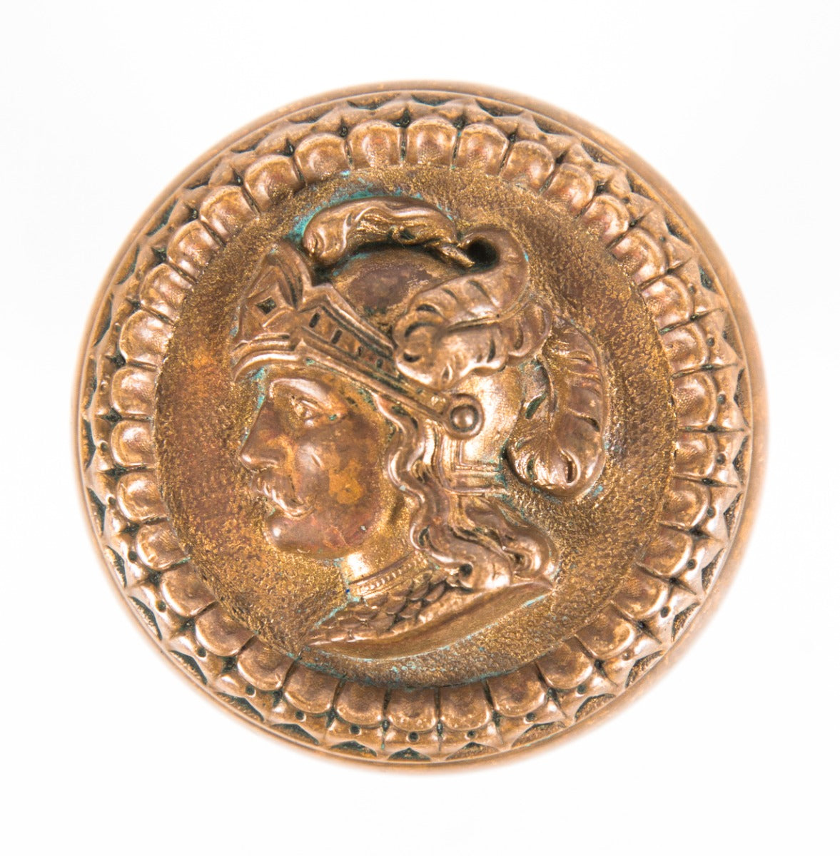 original entrance size 1870s ornamental cast bronze "plumed knight" compression casting doorknob