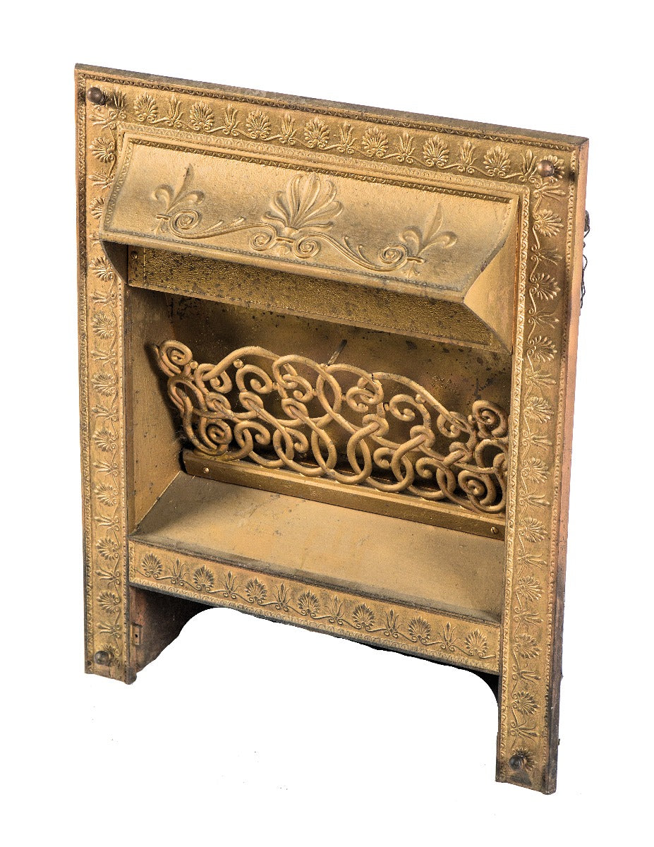 single 19th century antique american ornamental cast iron salvaged chicago fireplace gas insert with old gold paint finish