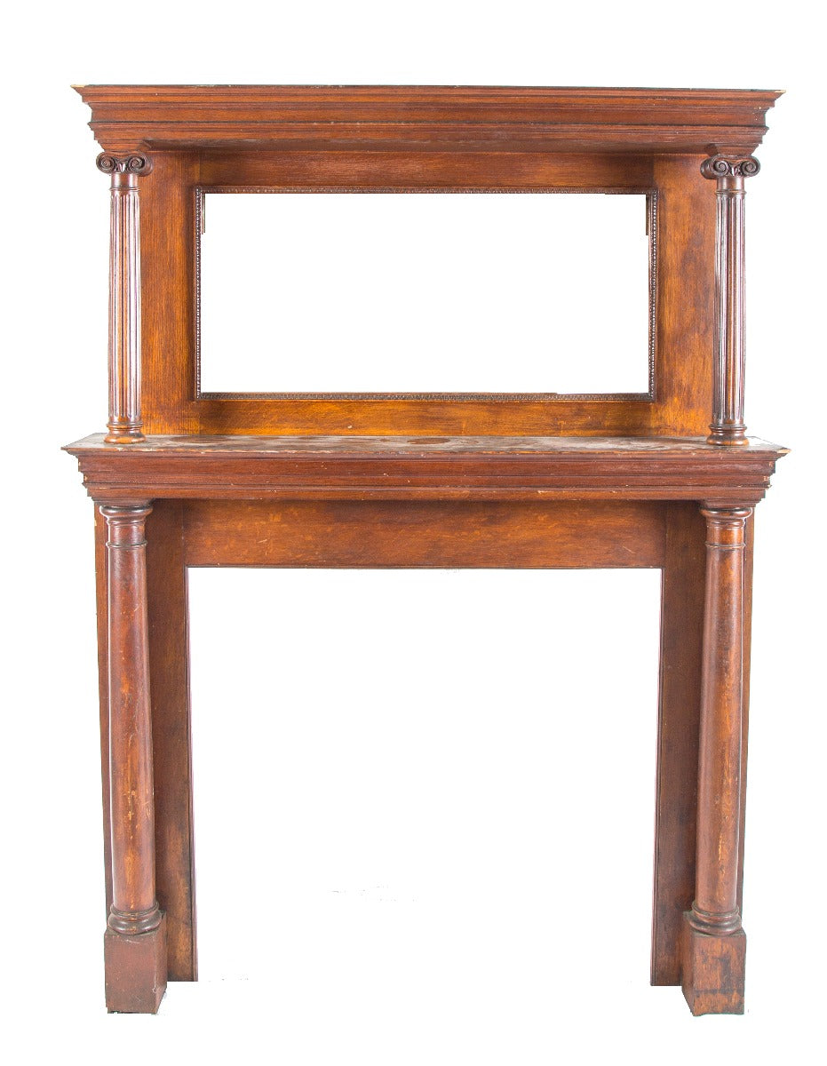 incredibly well-built and heavily reinforced solid oak wood salvaged chicago 19th century fireplace mantel with original beveled edged mirror