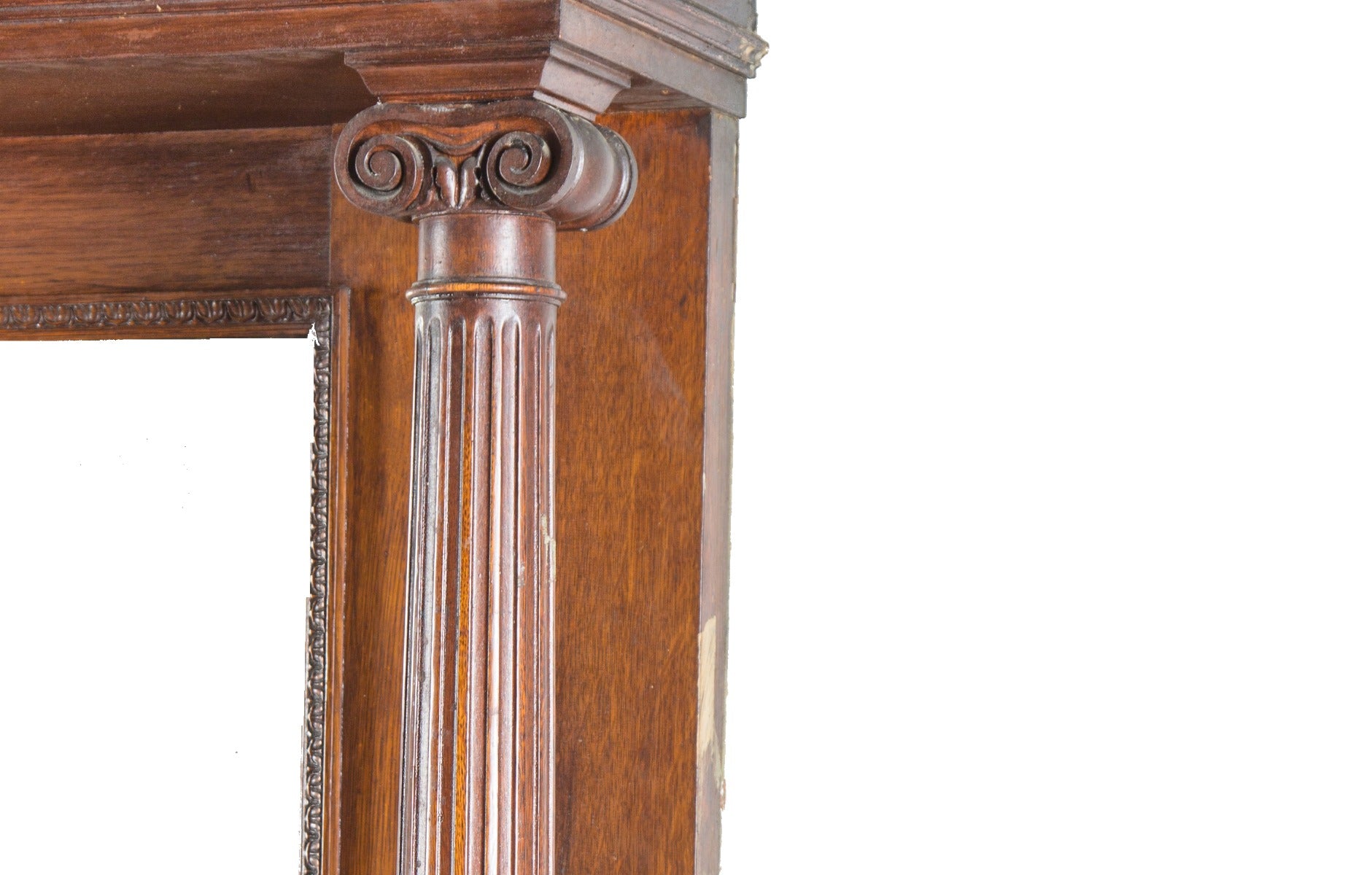 incredibly well-built and heavily reinforced solid oak wood salvaged chicago 19th century fireplace mantel with original beveled edged mirror