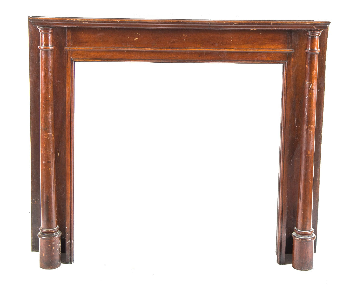 original 19th century salvaged chicago solid oak wood fireplace mantel with elegant tapered and turned posts