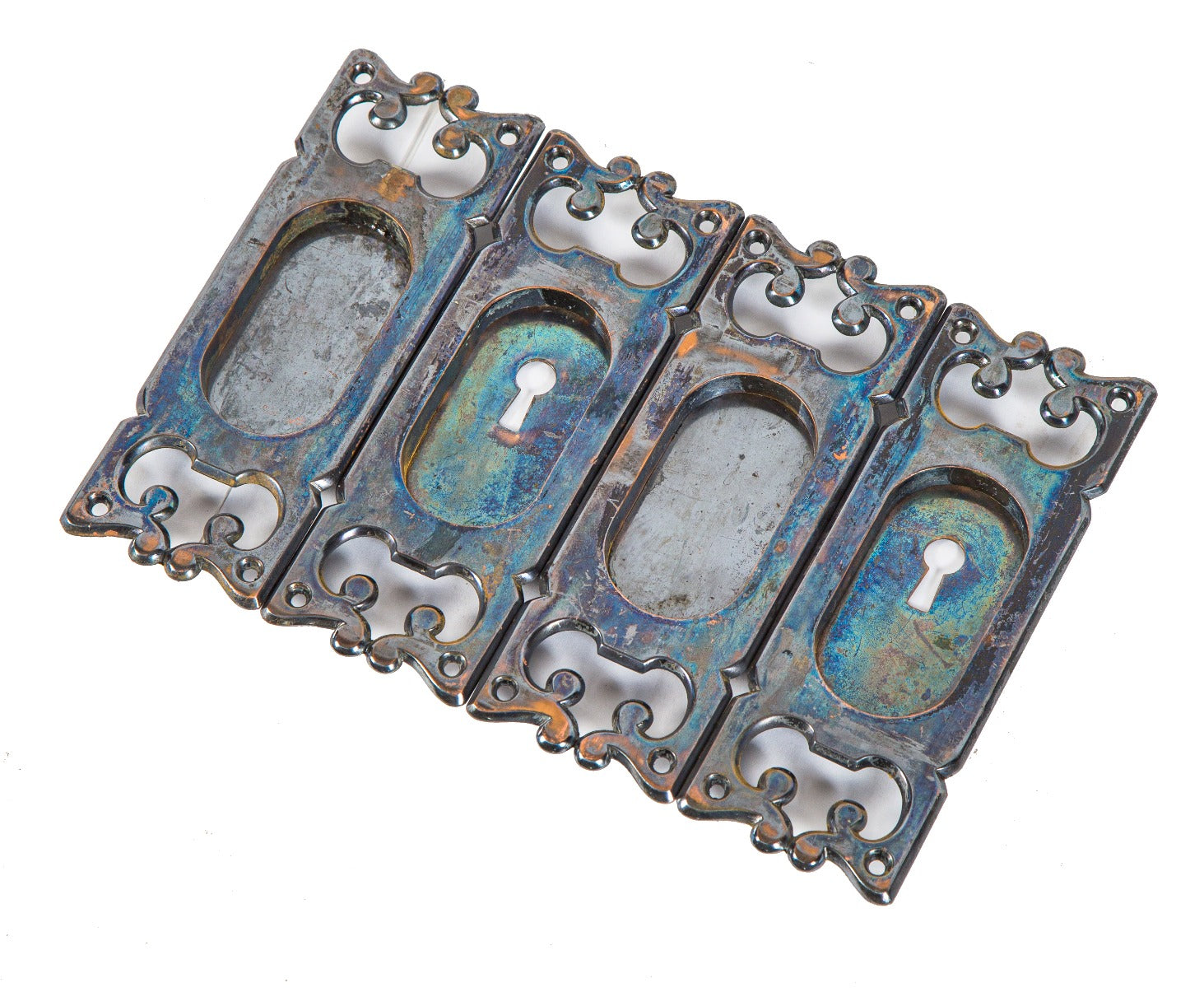 group of four 19th century all original heavy cast bronze salvaged chicago pocket door plates with oxidized copper finish